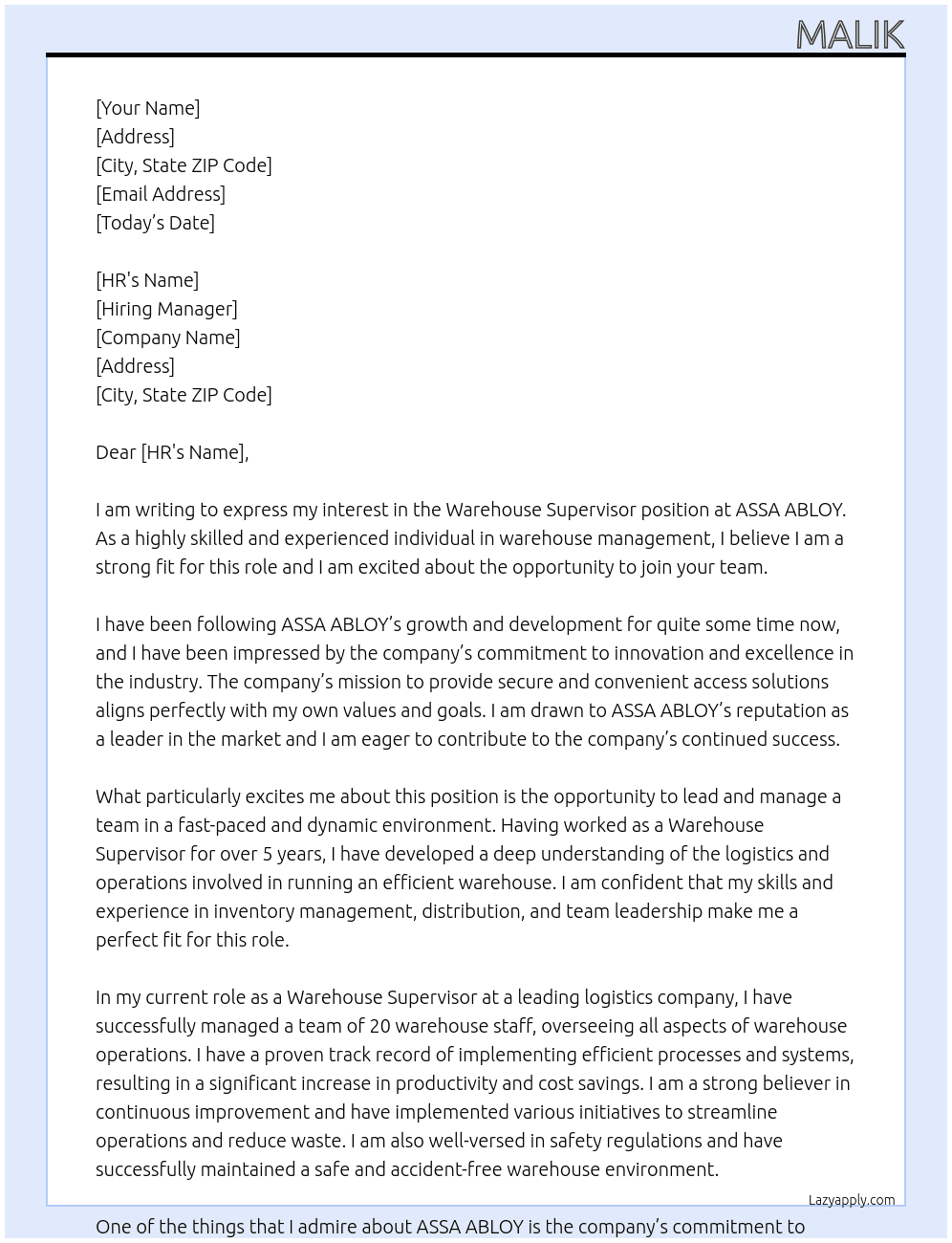 Warehouse Supervisor At ASSA ABLOY  Cover Letter
