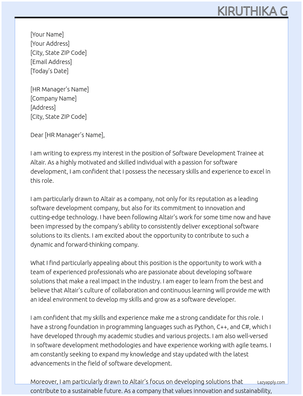 Software development trainee At Altair Cover Letter