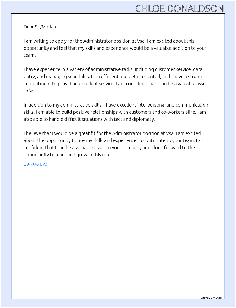 Administrator At Vsa Cover Letter