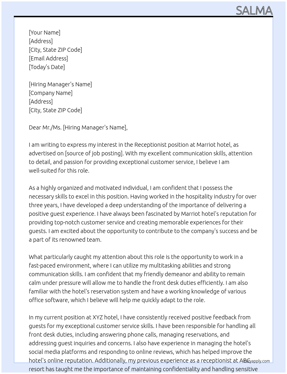 Receptionist  At Marriot hotel Cover Letter