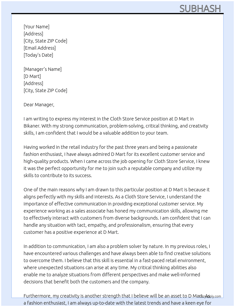 Cloth Store Service  At D mart Cover Letter