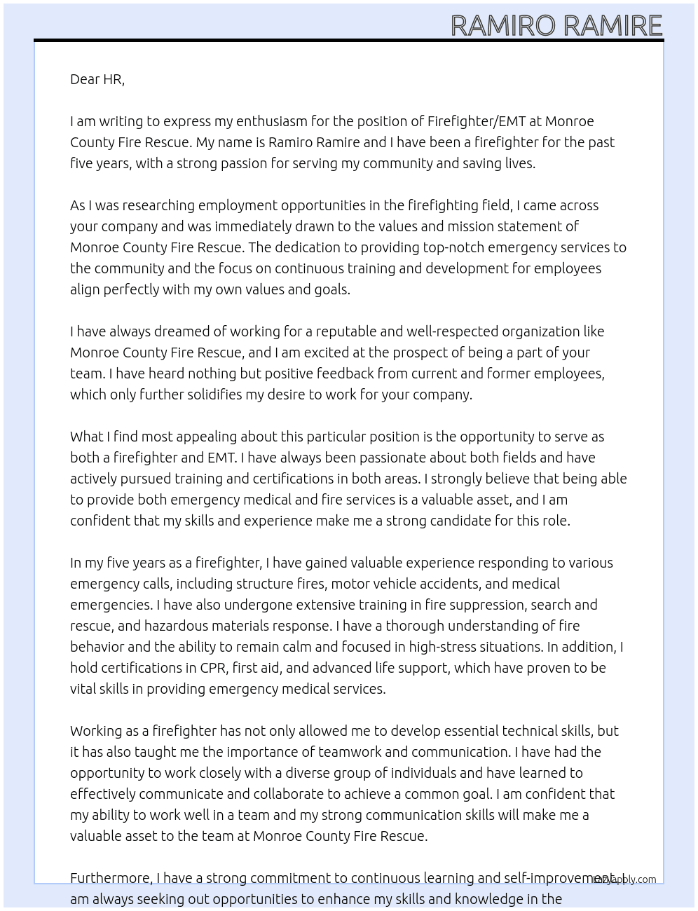 Firefigher/EMT At Monroe county fire rescue Cover Letter