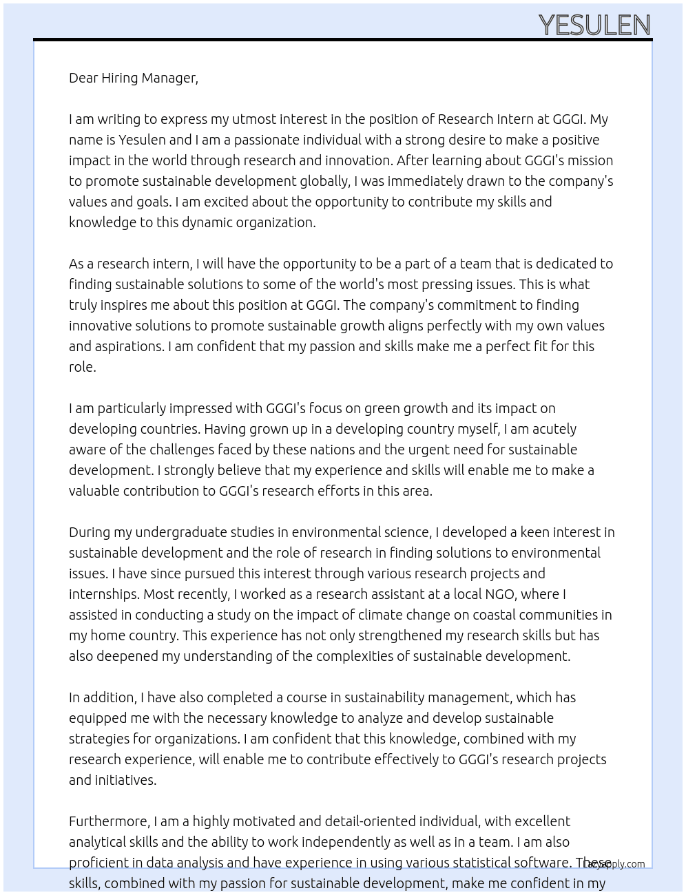 Research Intern At GGGI Cover Letter