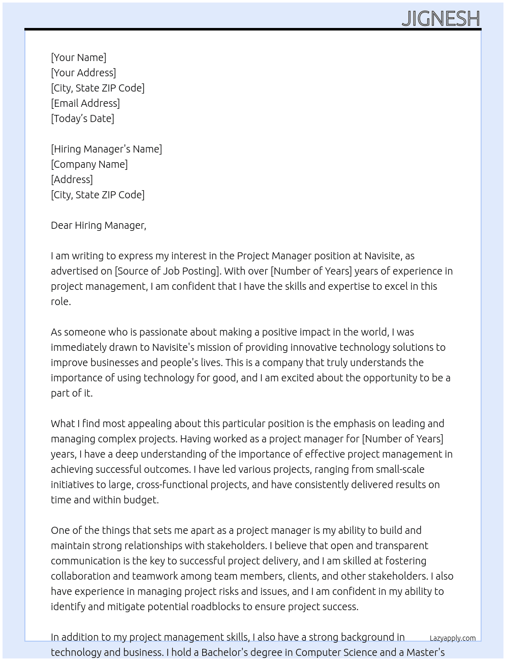 Project Manager At Navisite Cover Letter