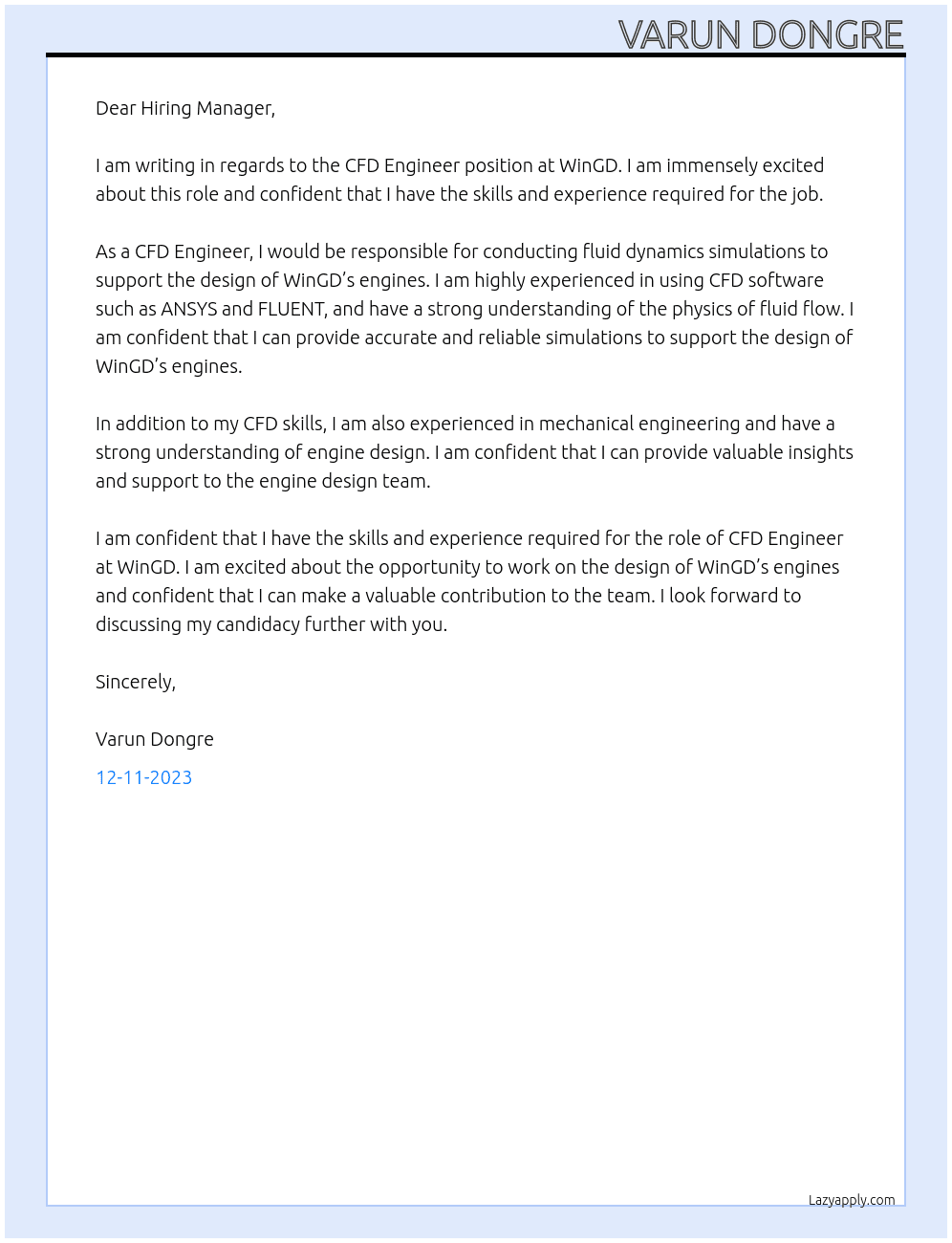CFD Engineer At WinGD Cover Letter