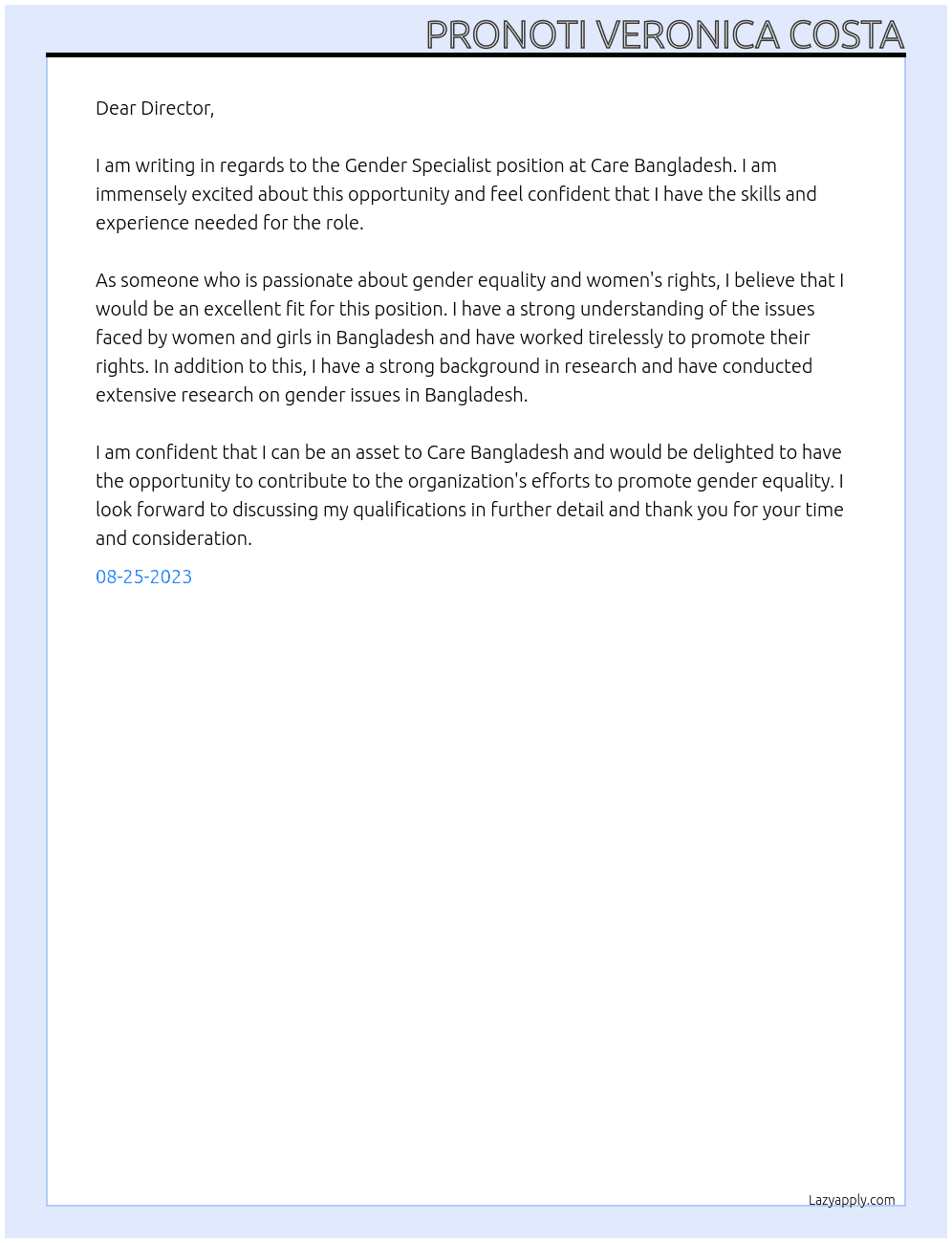 Gender Specialist At Care Banngladesh Cover Letter