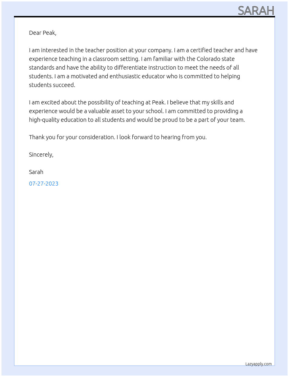 teacher At Peak Cover Letter