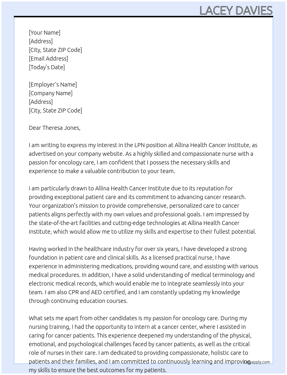 LPN At Allina Health Cancere Institute Cover Letter