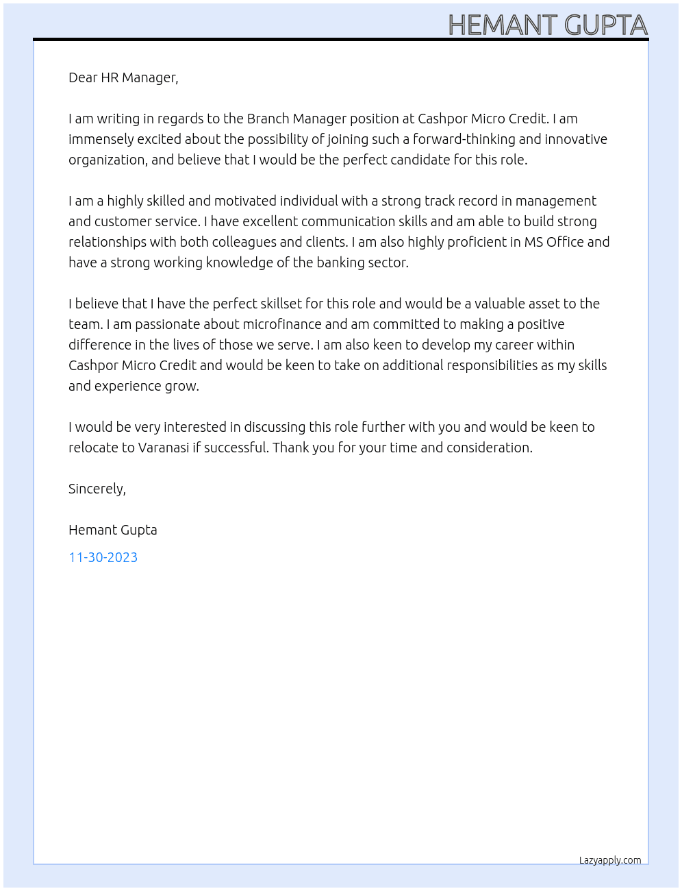 Branch Manager, Management Trainee At Cashpor Micro Credit Cover Letter