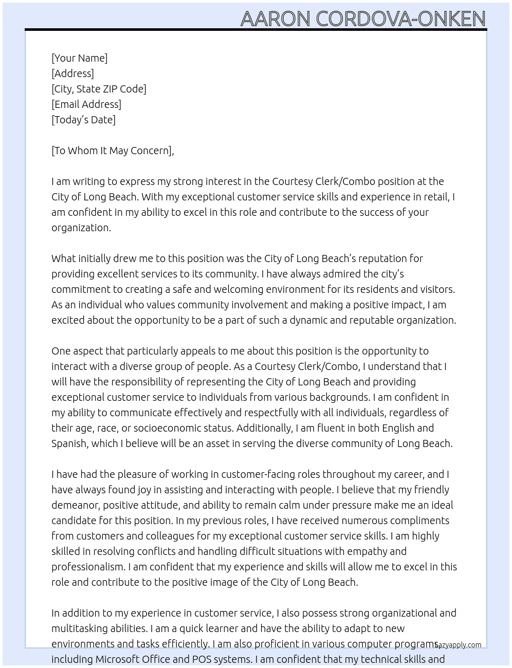 Courtesy Clerk/Combo At City of Long Beach Cover Letter