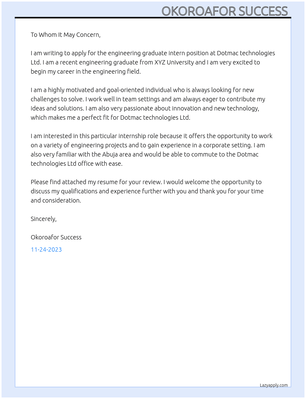 Engineering graduate intern At Dotmac technologies Ltd  Cover Letter