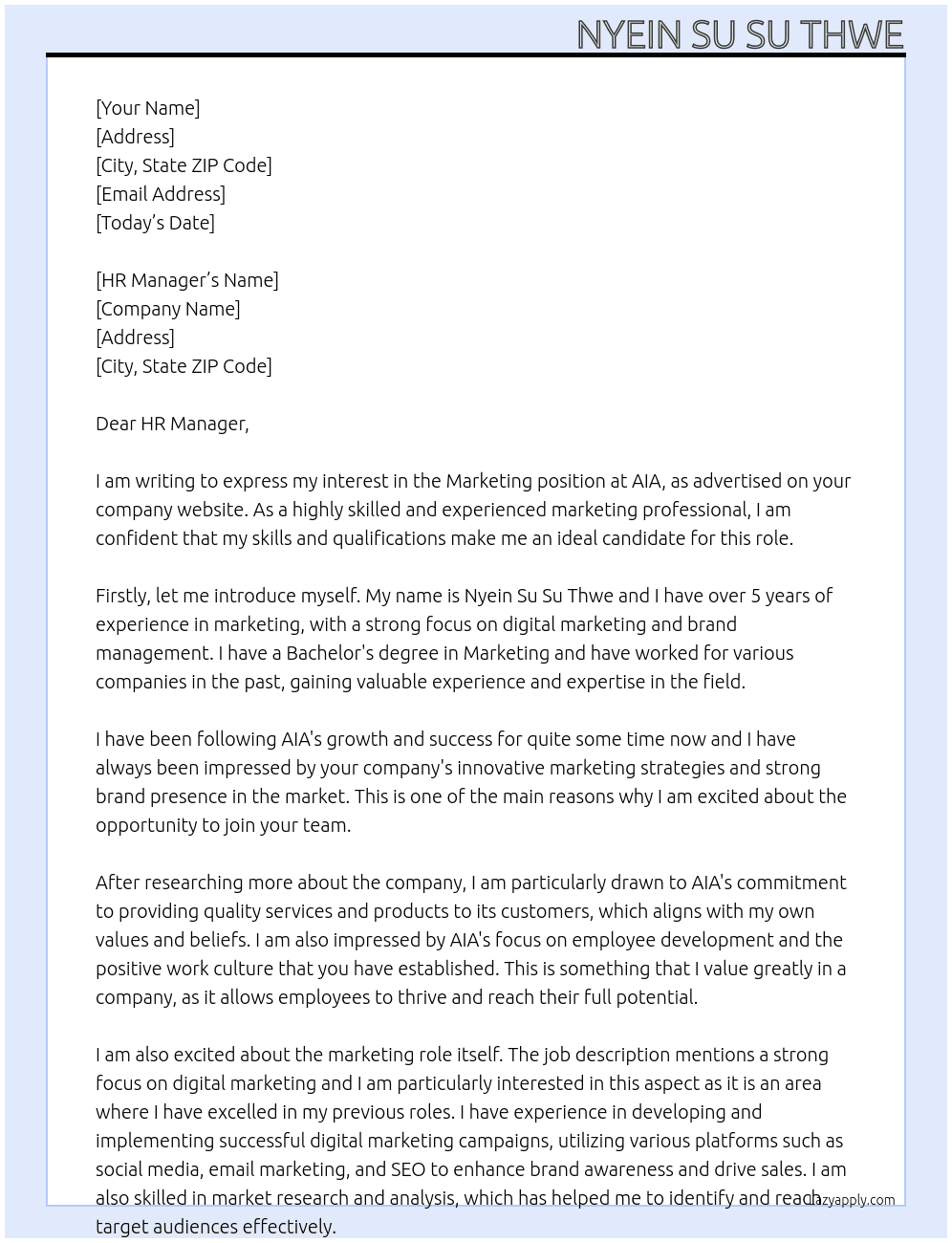 Marketing At AIA Cover Letter