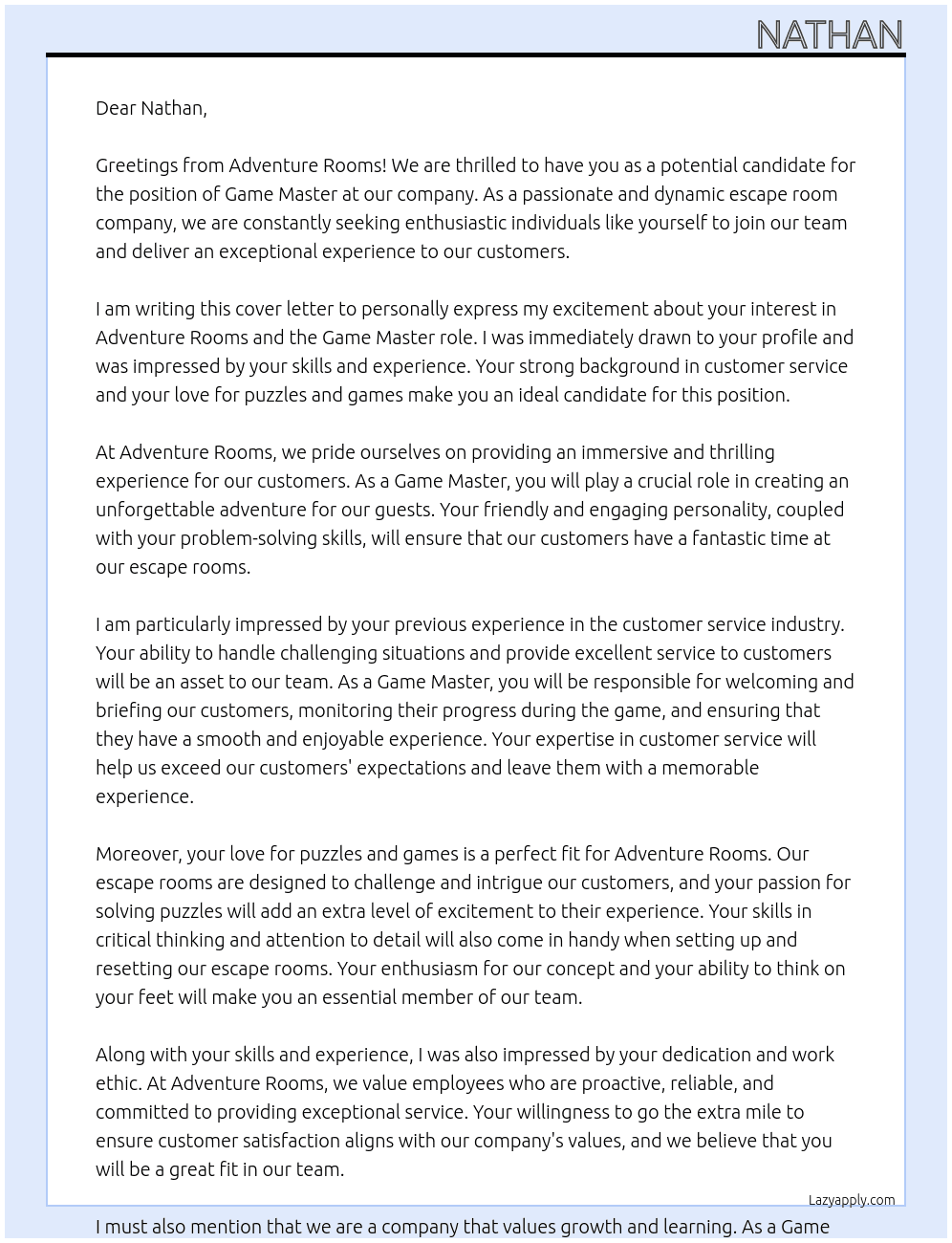 Game Master At Adventure Rooms Cover Letter