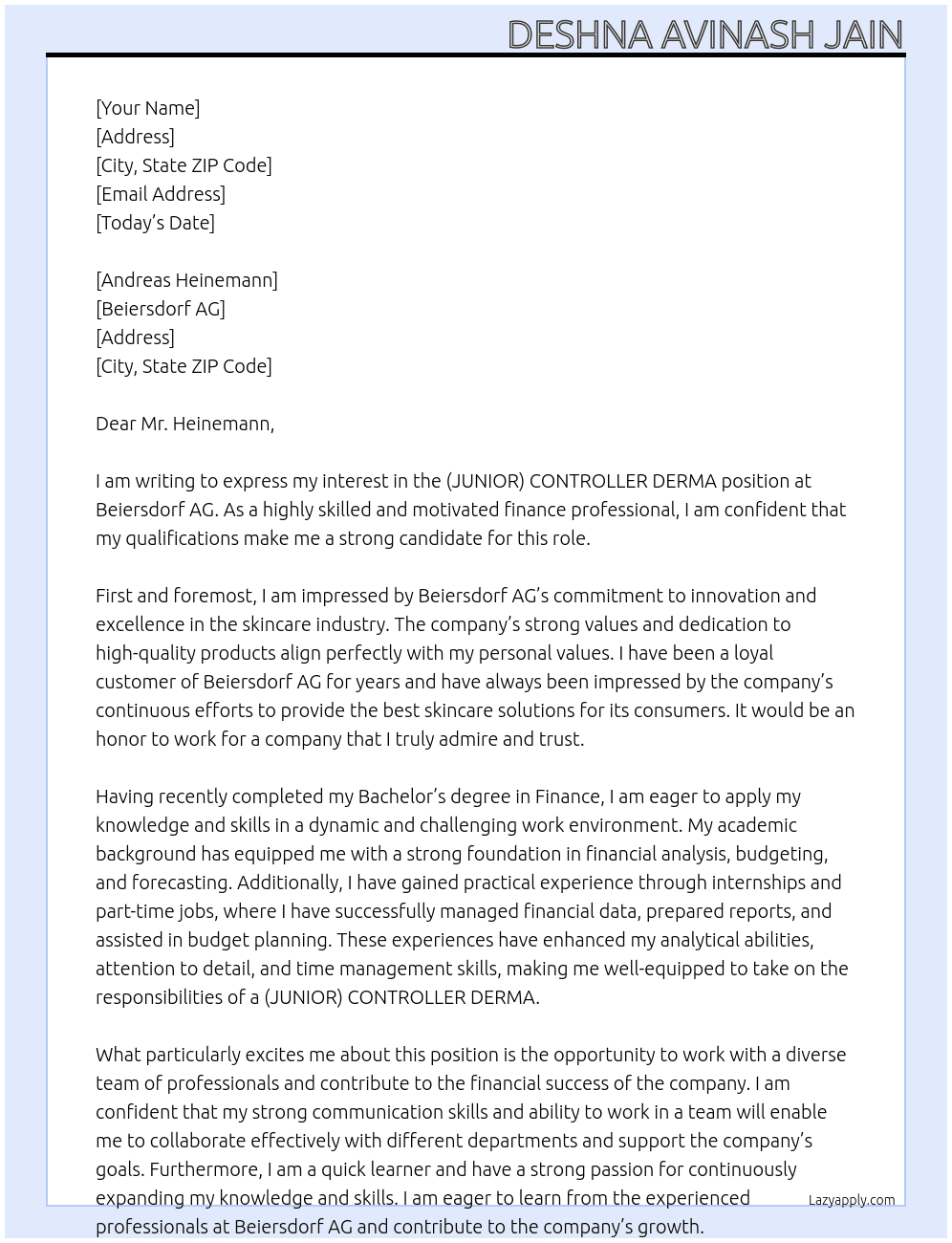 (JUNIOR) CONTROLLER DERMA At Beiersdorf AG Cover Letter