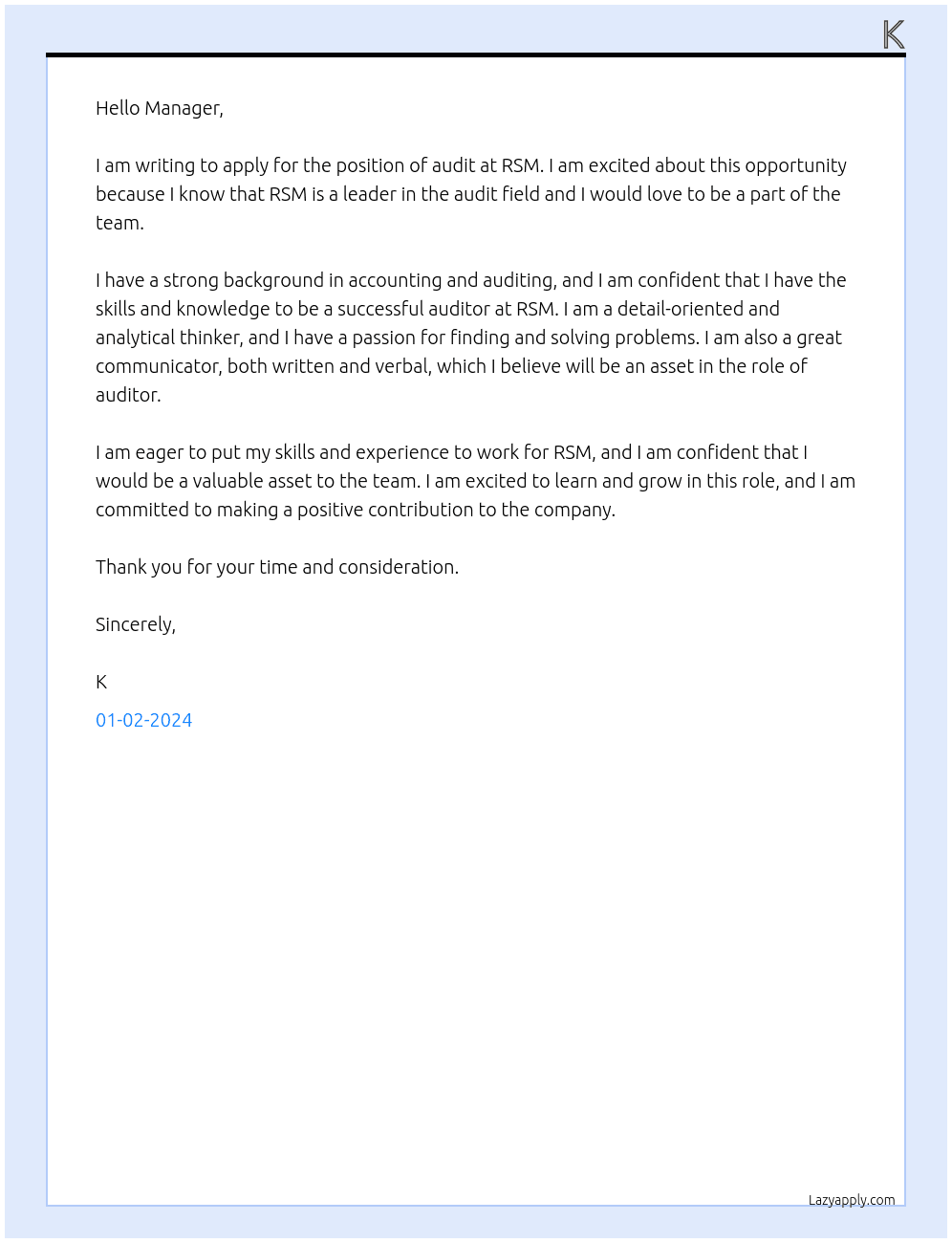 audit At rsm Cover Letter