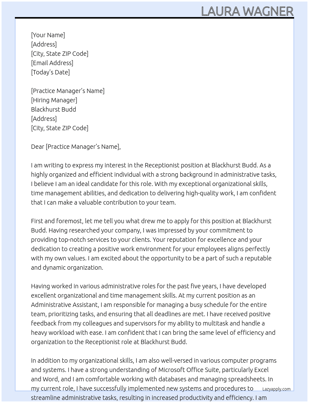 Receptionist At Blackhurst Budd Cover Letter