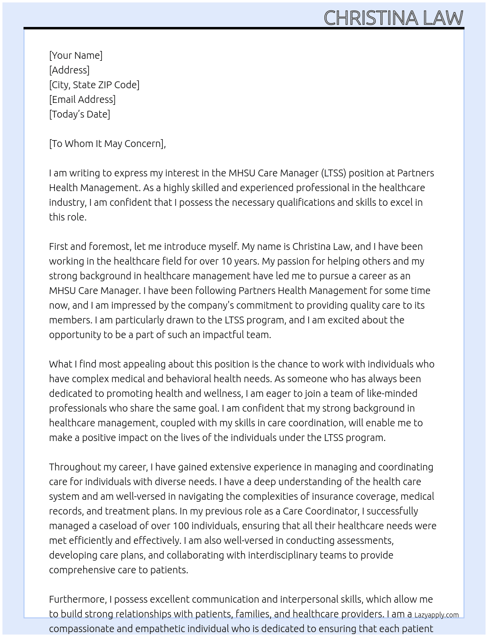 MHSU Care Manager (LTSS) At Partners Health Management Cover Letter