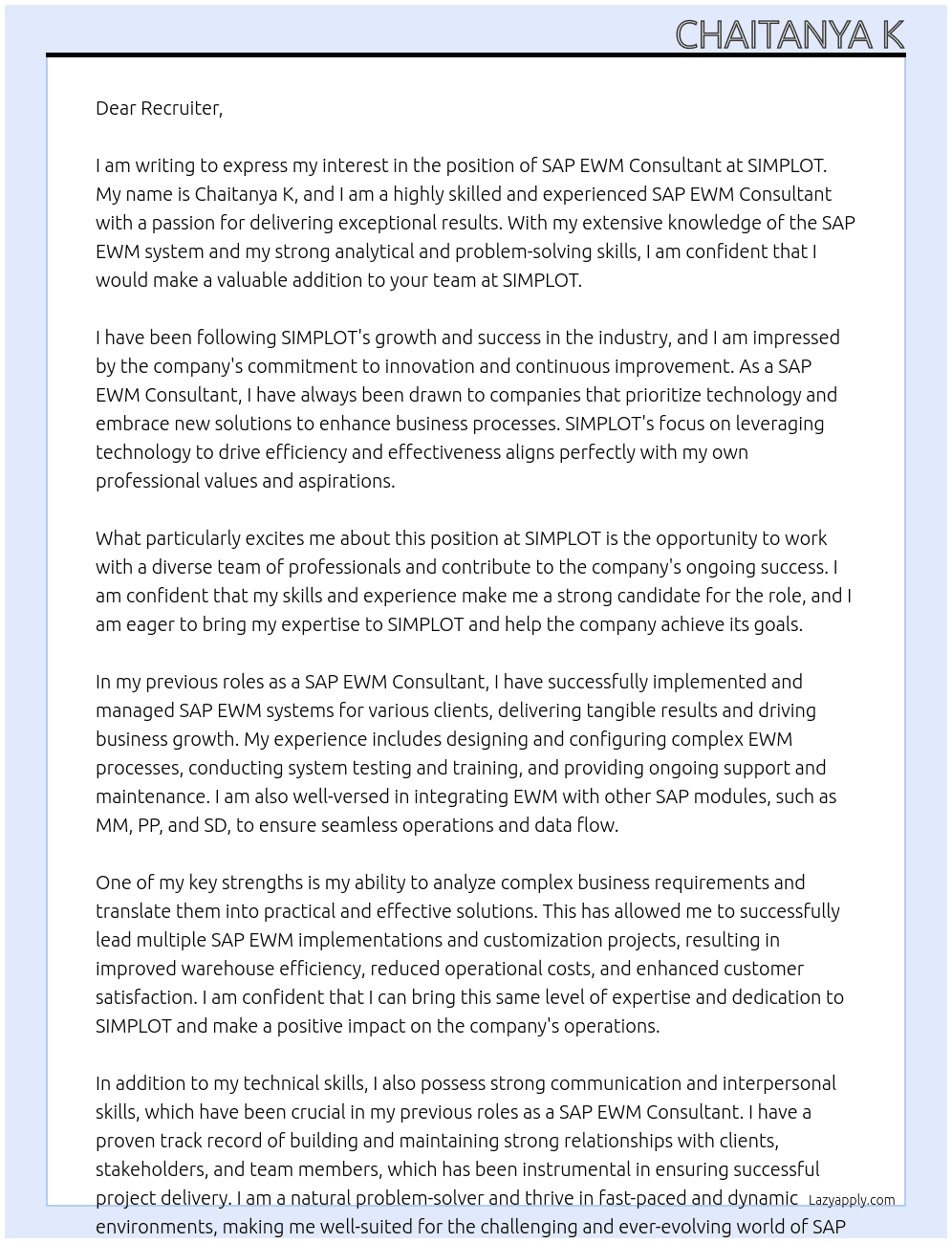 SAP EWM CONSULTANT At SIMPLOT Cover Letter