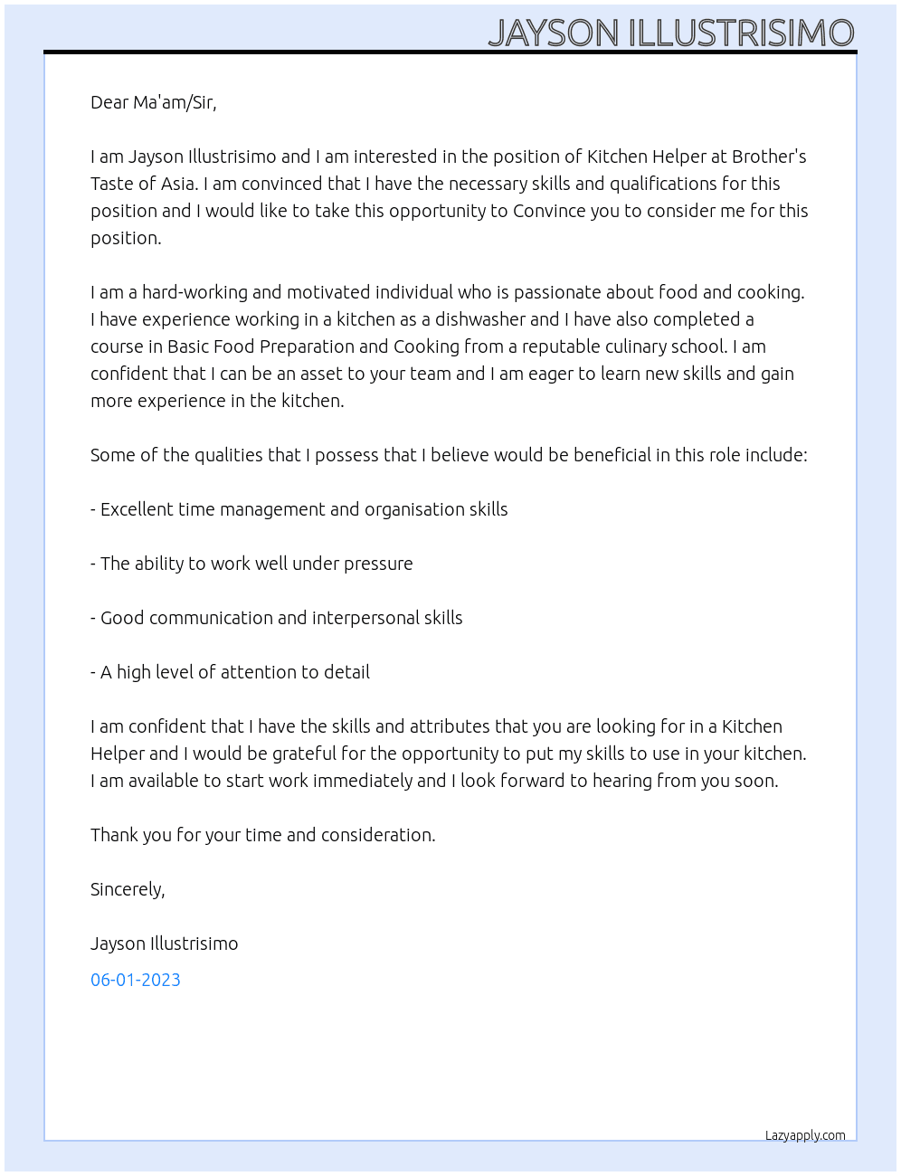 Kitchen Helper At Brother's Taste of Asia Cover Letter