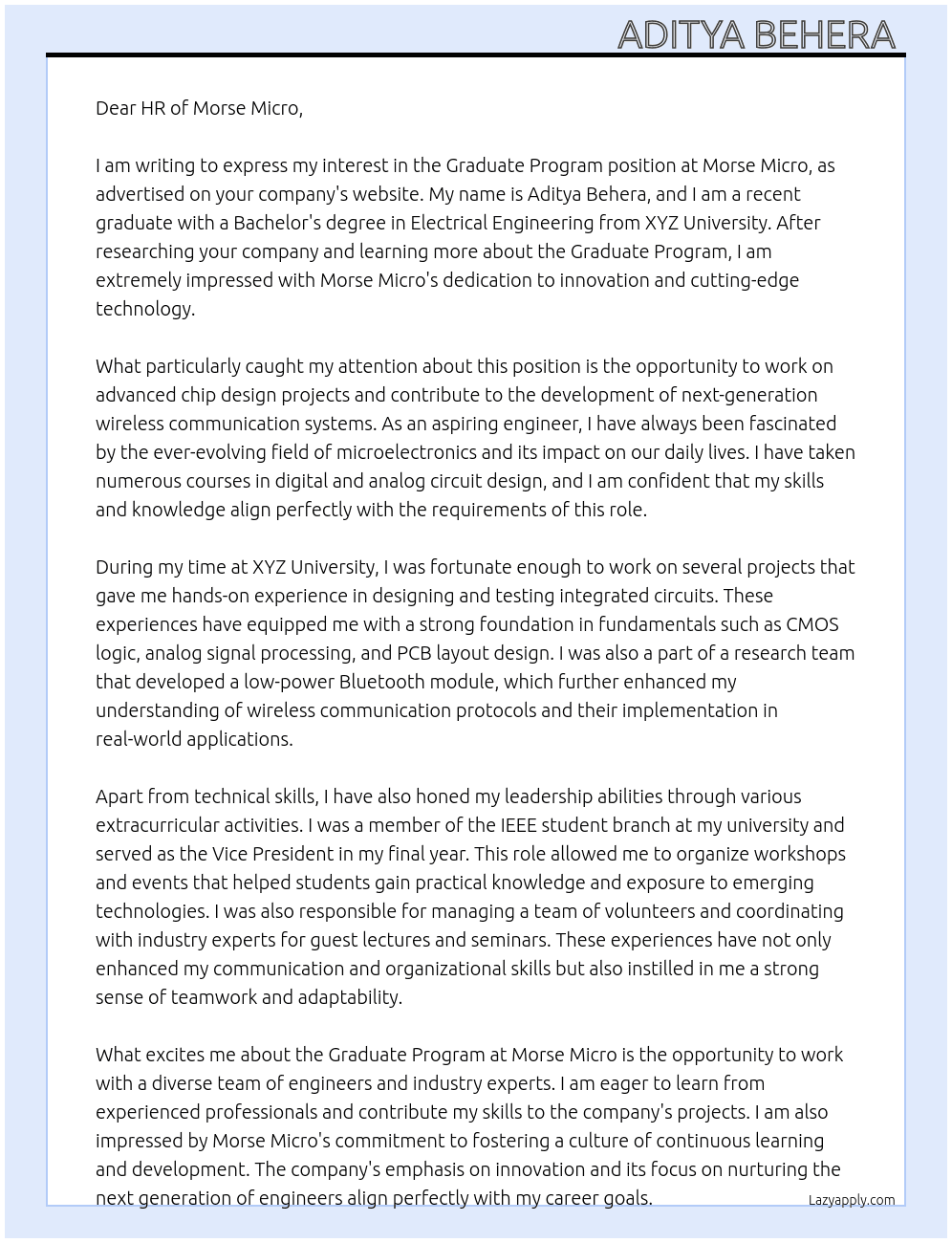 Graduate Program At Morse Micro Cover Letter