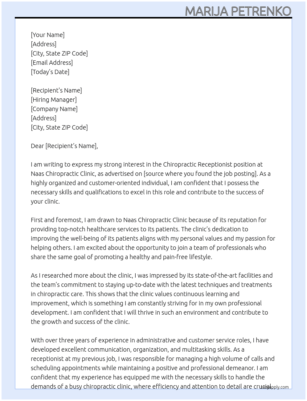 Chiropractic receptionist At Naas Chiropractic Clinic  Cover Letter