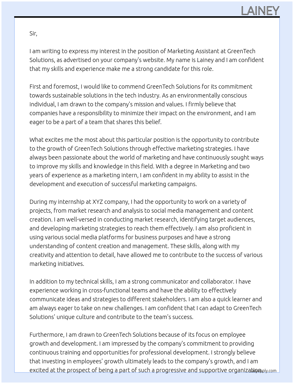 Marketing Assistant  At GreenTech solutions Cover Letter