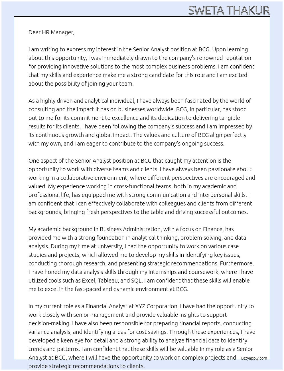 Senior Analyst At BCG Cover Letter