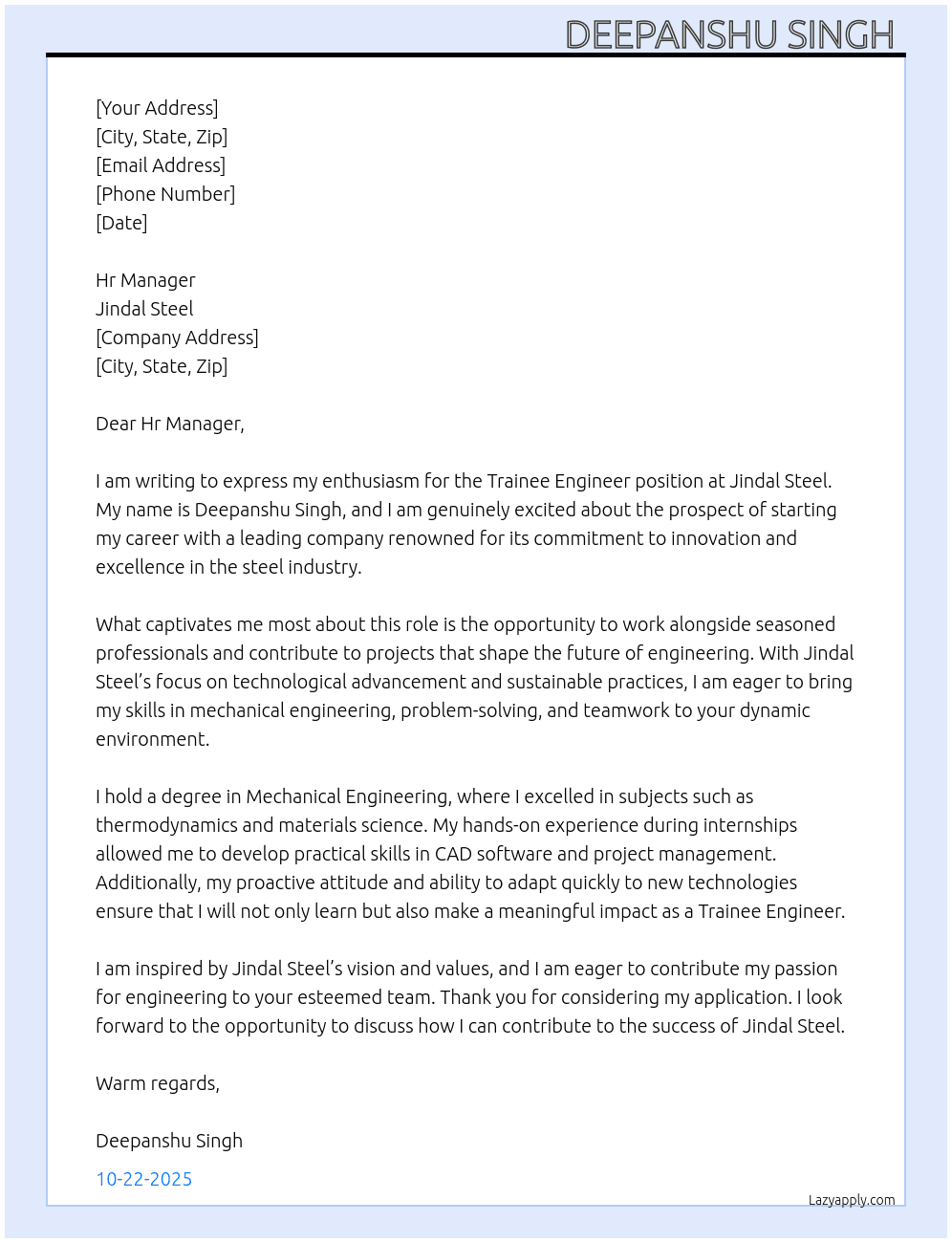 Tranee engineer  At Jindal steel Cover Letter