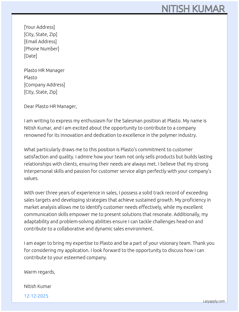 salesman At PLASTO Cover Letter