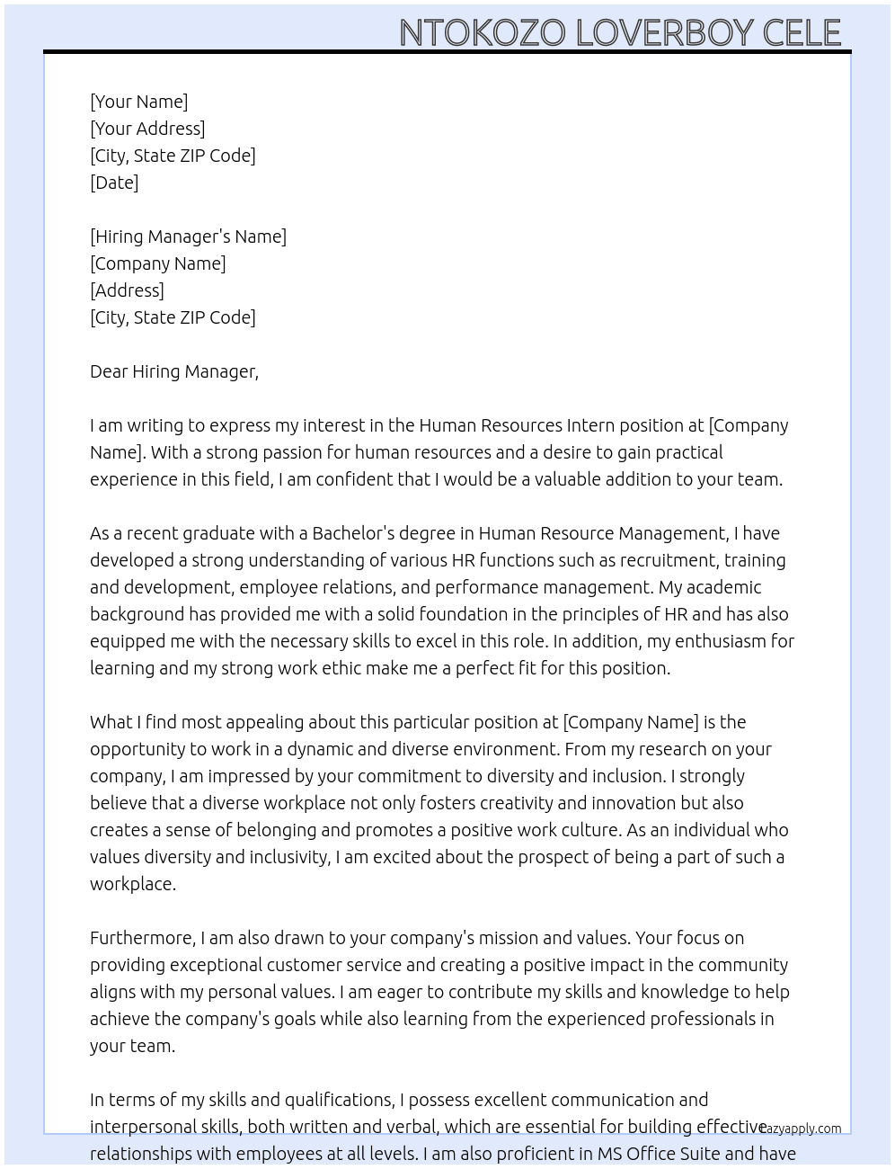 Human Resources Intern  At . Cover Letter