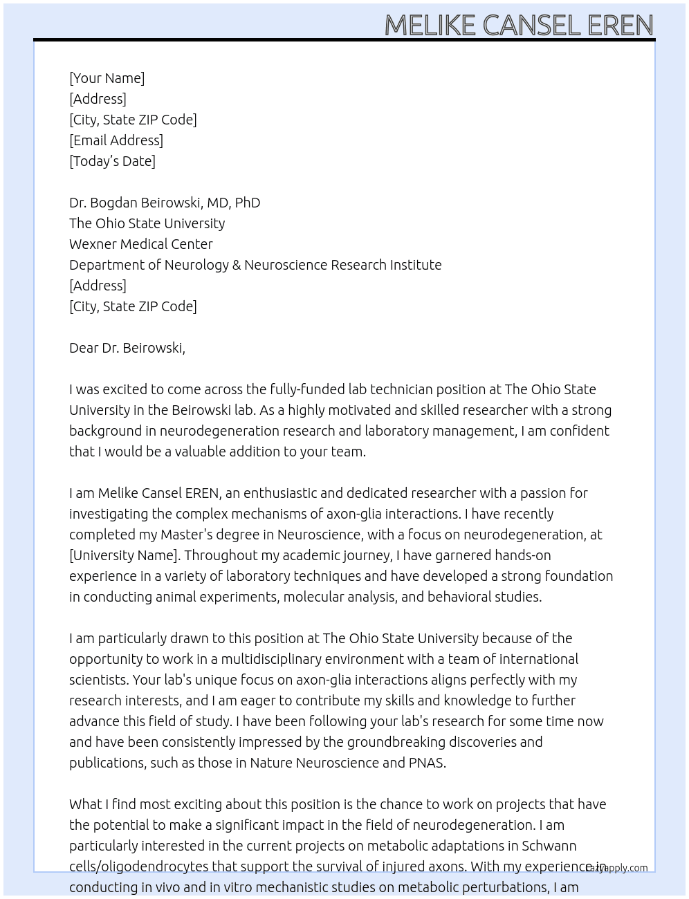Research Assistant  At The Ohio State University Cover Letter