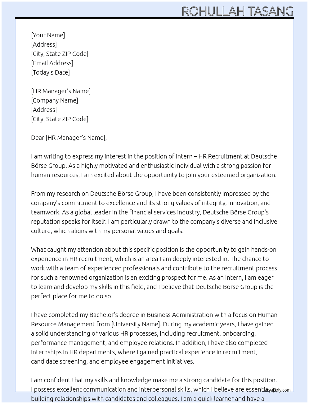 Intern - HR Recruitmen At Deutsche Börse Group Cover Letter