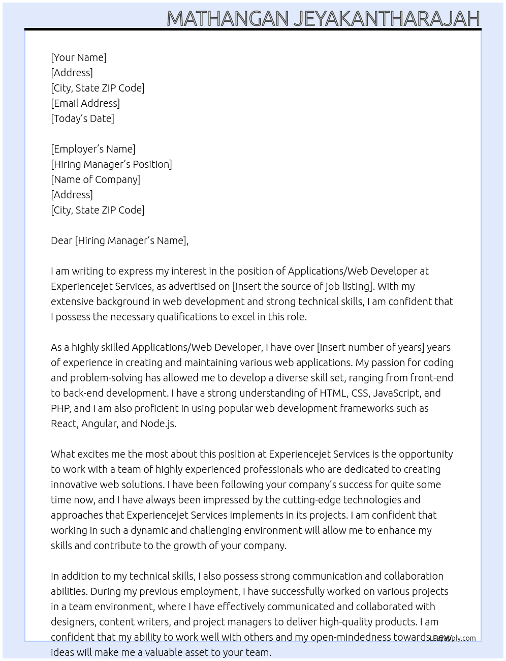 APPLICATIONS/WEB DEVELOPER At Experiencejet Services Cover Letter