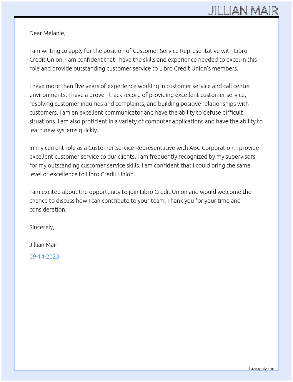 Customer Service Representative  At Libro Credit Union Cover Letter
