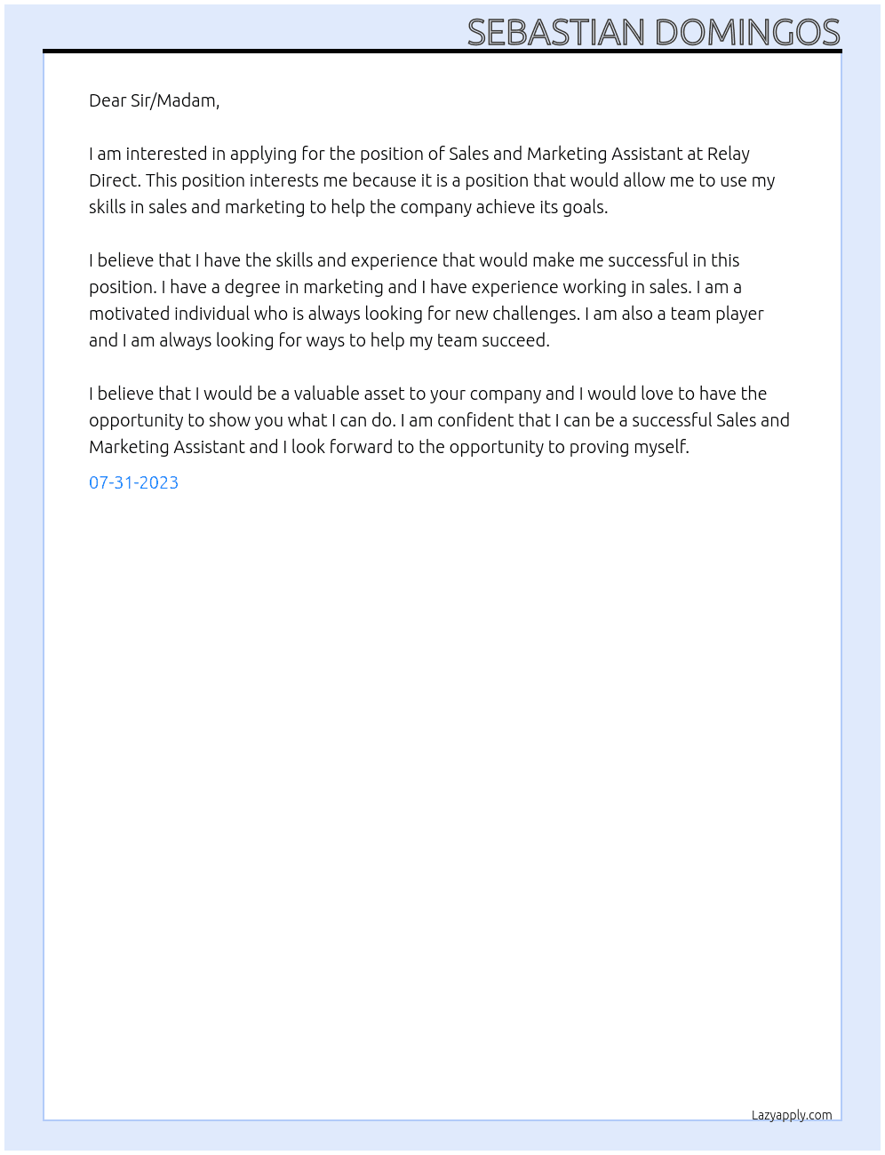 Sales and Marketing Assistant At Relay Direct Cover Letter