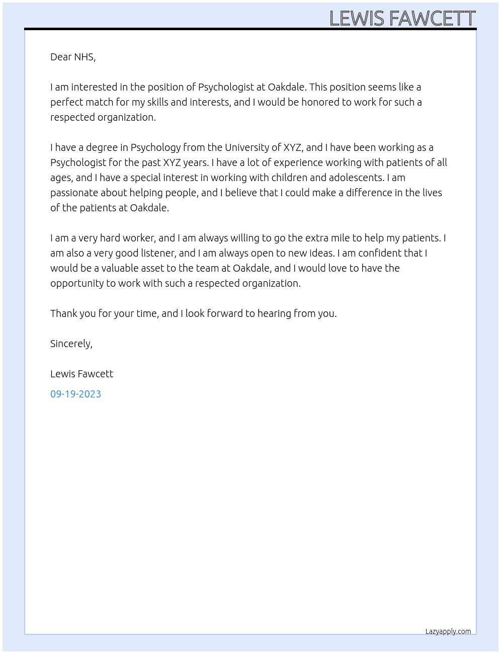 Psychologist At NHS Cover Letter