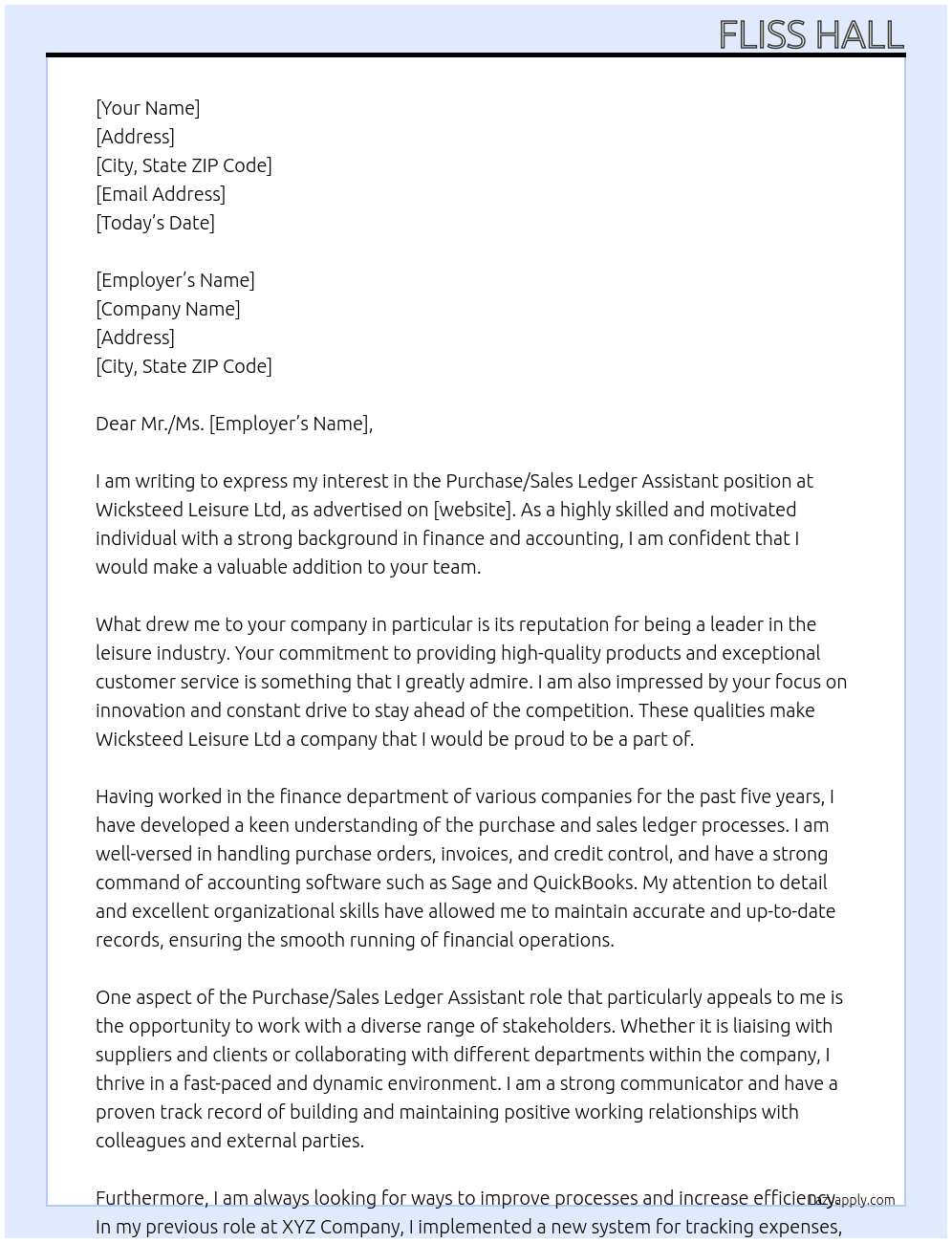 Purchase/Sales Ledger Assistant At Wicksteed Leisure Ltd Cover Letter