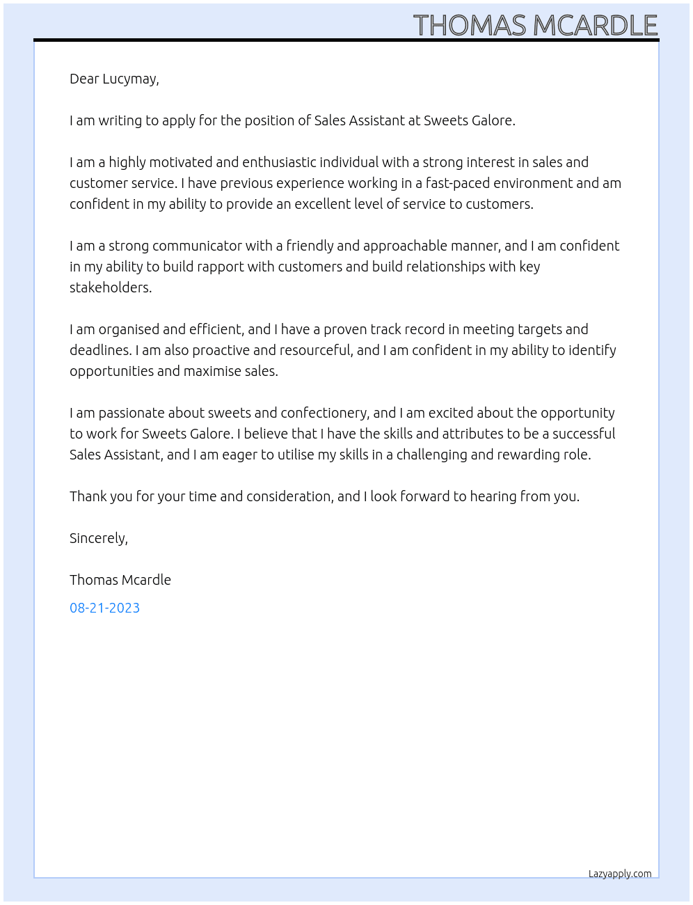 Sales Assistant At Sweets Galore Cover Letter