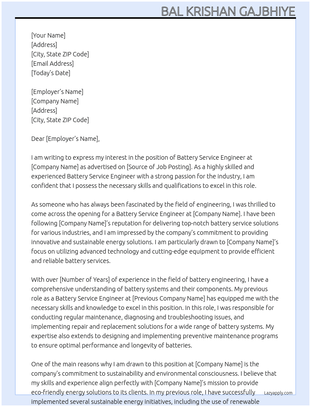 Battery  service  engineer  At Bbb Cover Letter