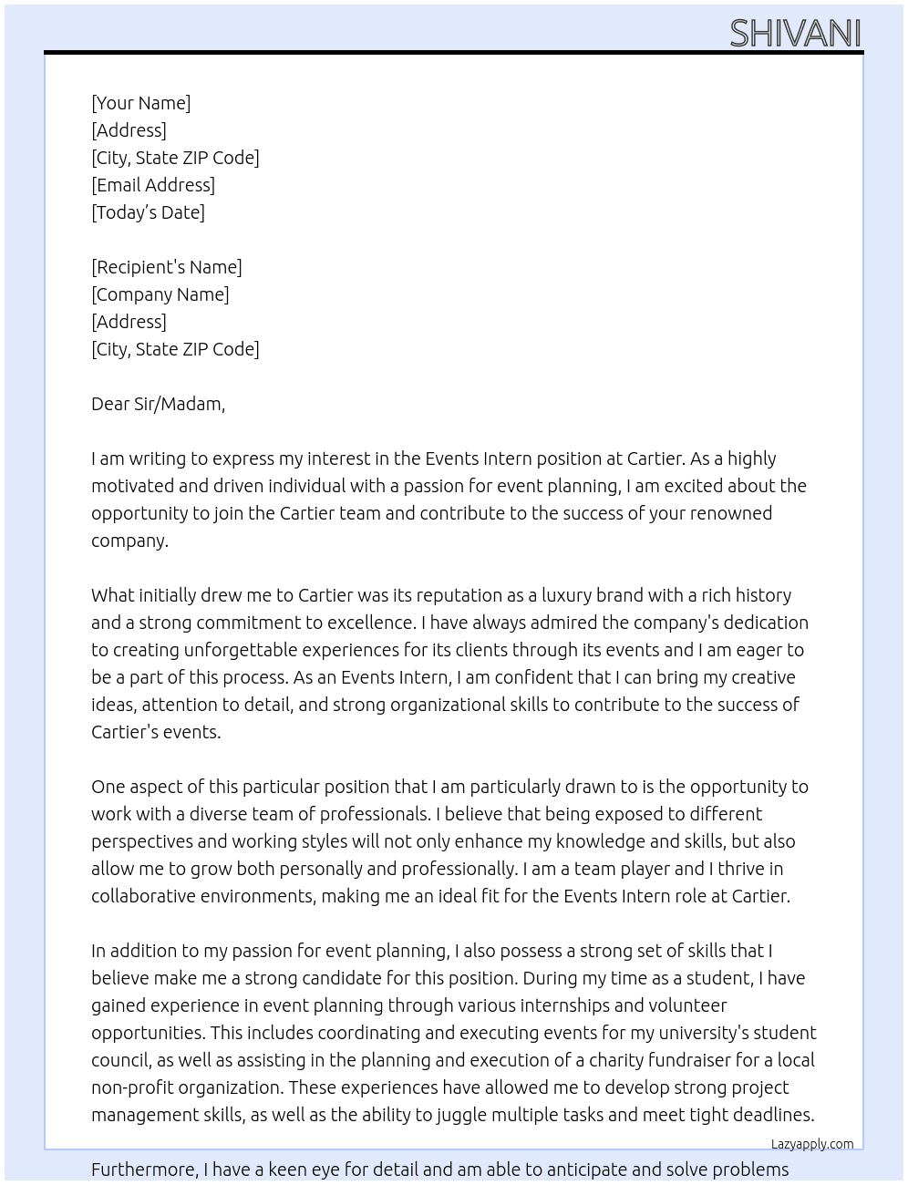 Events Intern At Cartier  Cover Letter