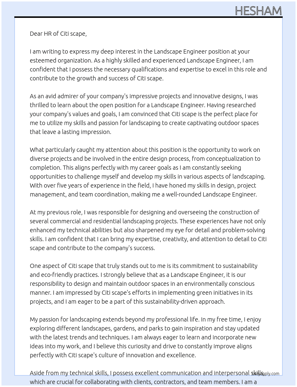 Landscape engineer  At Citi scape Cover Letter