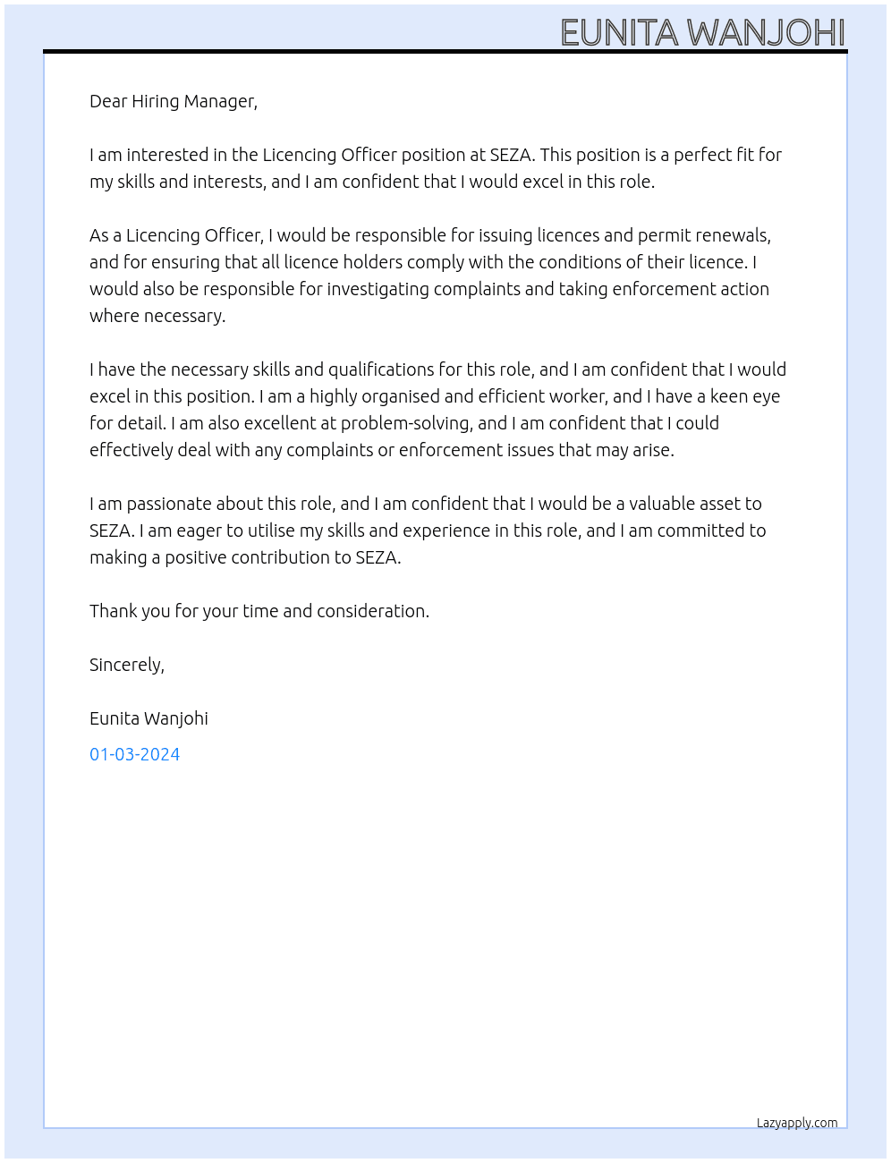 Licencing Officer At SEZA Cover Letter
