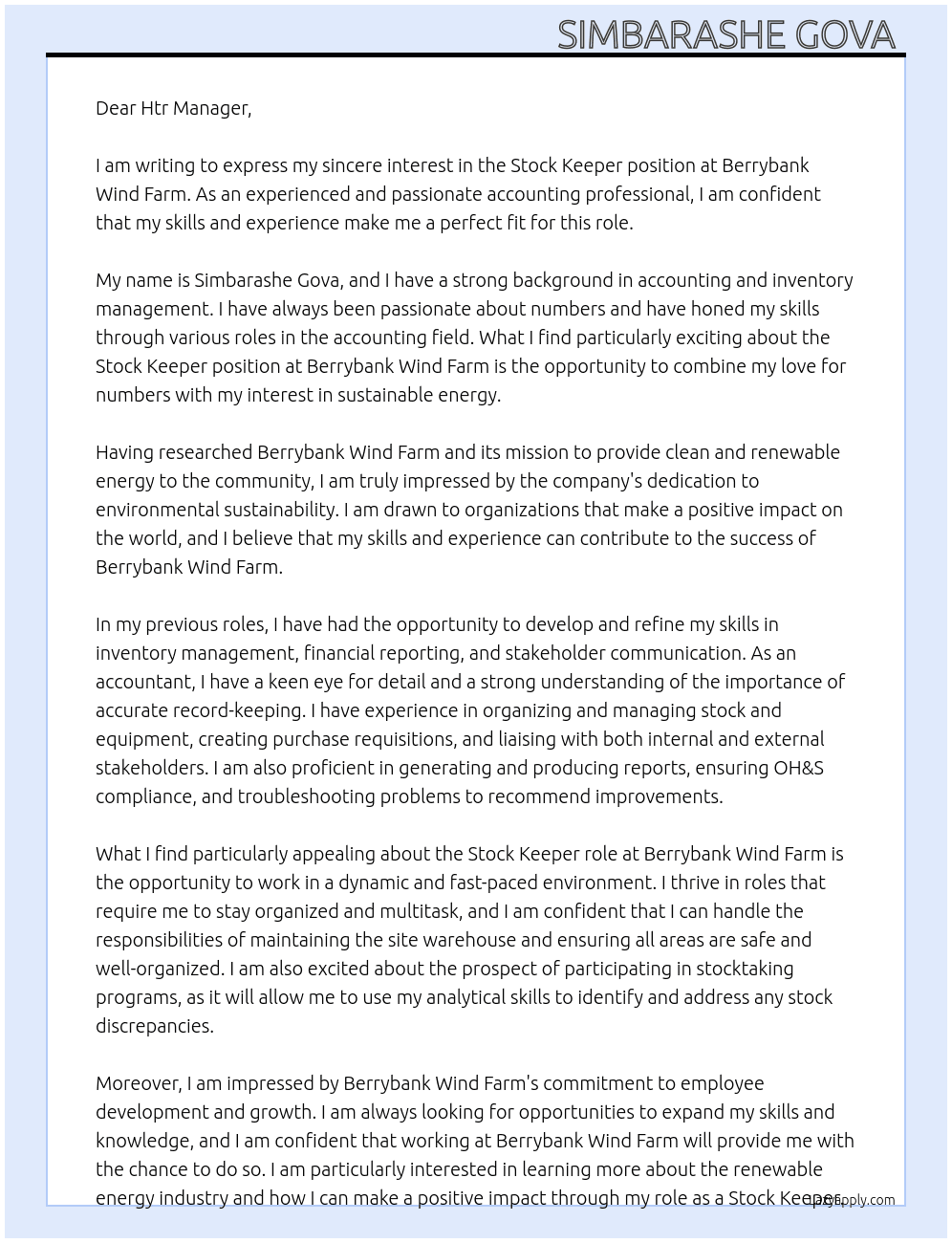 Stock kepper At Berrybank Wind Farm. Cover Letter