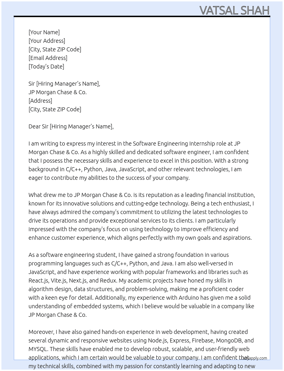 Software Engineering At JP Morgan Chase & Co. Cover Letter