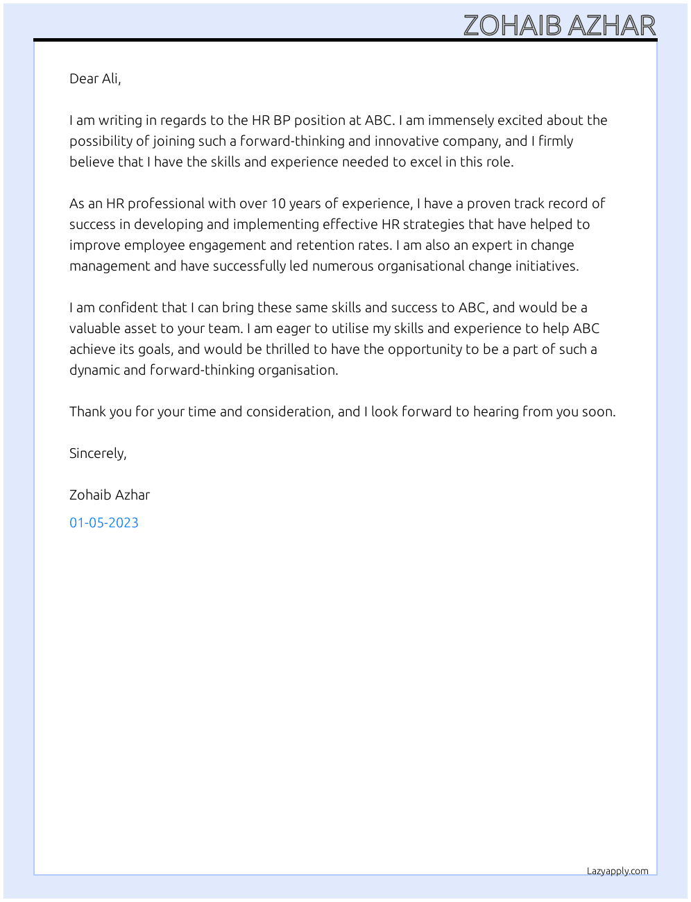 Cover letter for hr bp - LazyApply
