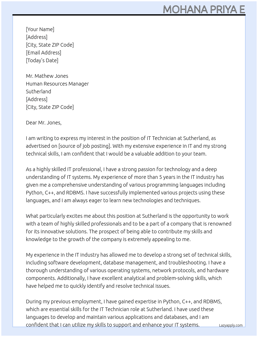 IT Technician  At Sutherland  Cover Letter