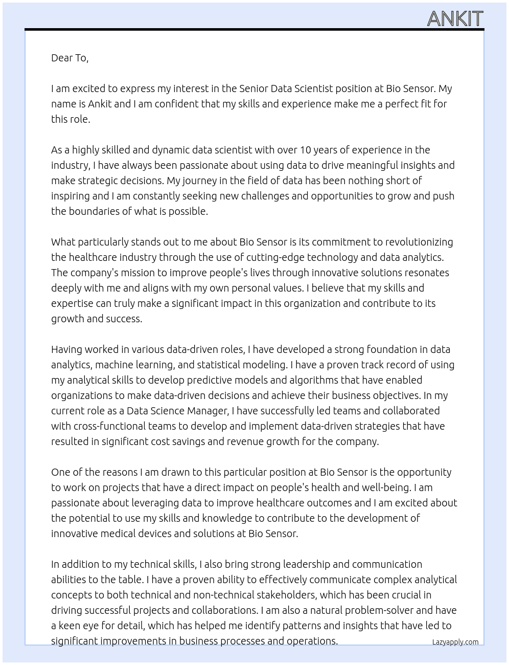 Senior data scientist At Bio sensor Cover Letter