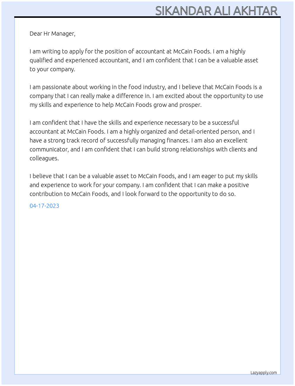 Accountant  At MCcain Foods Cover Letter