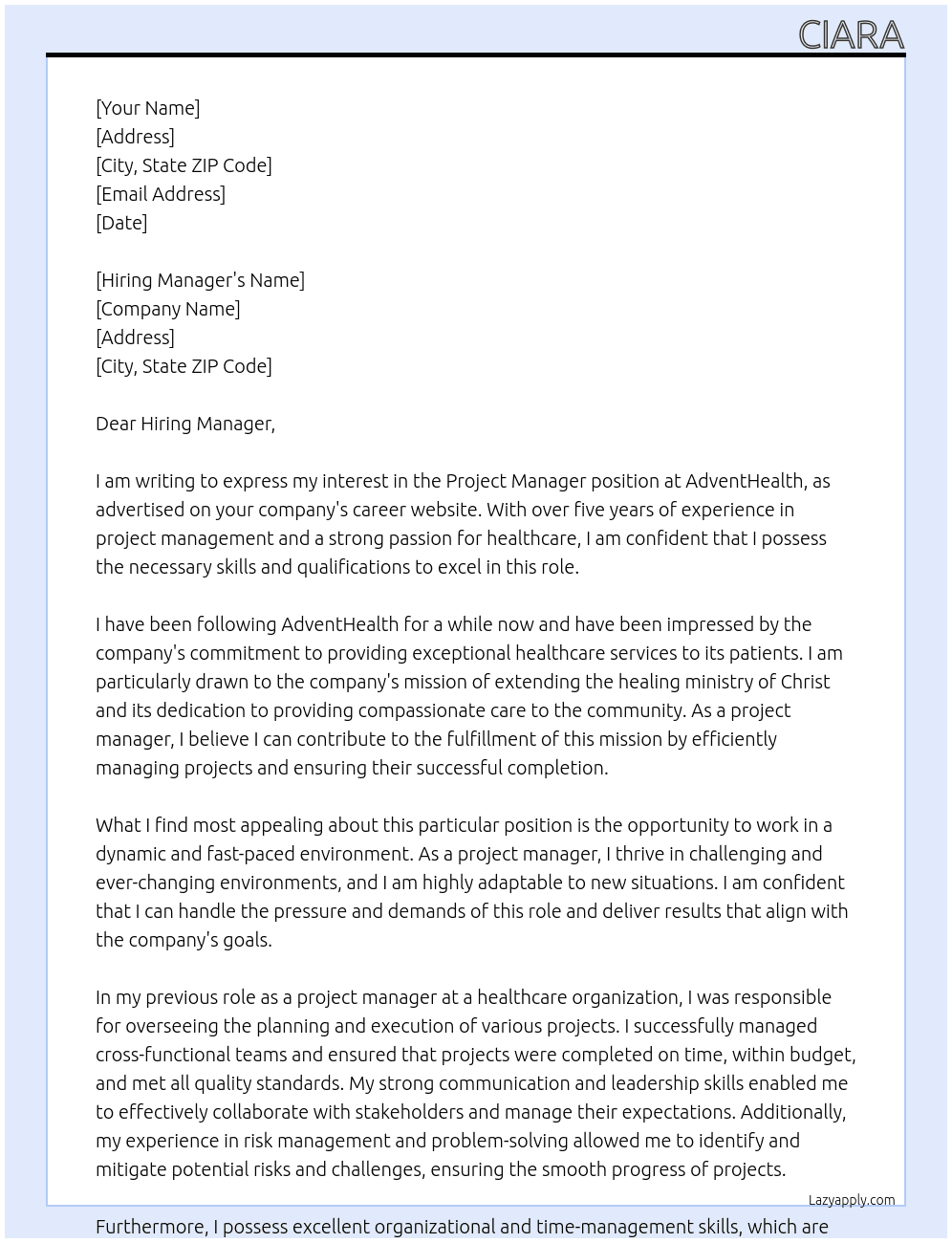 Project Manager At AdventHealth Cover Letter