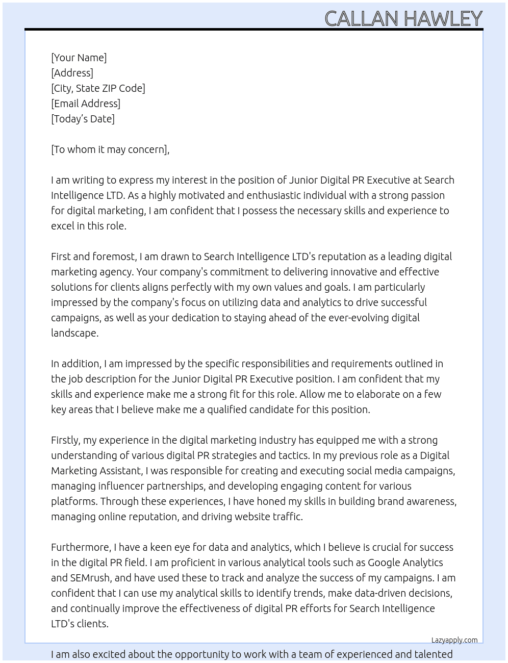 Junior digital PR executive At Search intelligence LTD Cover Letter